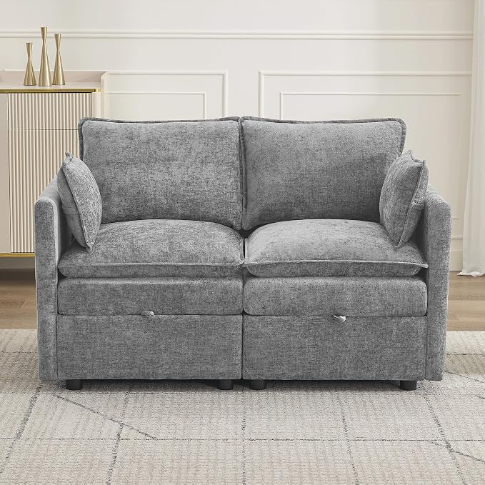 55" Cloud Modular Loveseat Sofa with Storage, Modern Upholstered Sofa Couch Small Love Seat, 2 Seater Chenille Comfy Sectional Sofa with Armrests for Living Room, Small Space, Light Grey