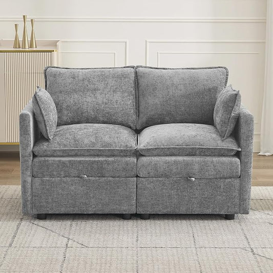 55" Cloud Modular Loveseat Sofa with Storage, Modern Upholstered Sofa Couch Small Love Seat, 2 Seater Chenille Comfy Sectional Sofa with Armrests for Living Room, Small Space, Light Grey