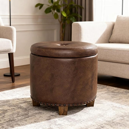 HomePop 18.5" Round Storage Ottoman with Nailheads - Brown Faux Leather