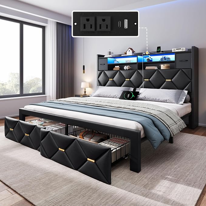 YITAHOME Queen Size Bed Frame with 2 Storage Drawers and Storage Headboard, Upholstered Platform with Charging Station and LED Light, No Box Spring Needed, Noise Free, Easy Assembly, PU Leather Black