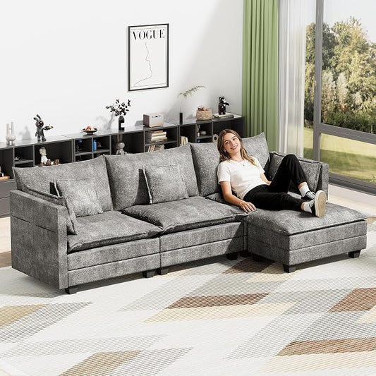 LEVELEVE 112.5" L-Shape Modular Sofa with 1 Ottomans, Deep Seat Cloud Convertible Sleeper, 3 Throw 2 Arm Pillows, Cozy Upholstered Furniture for Living Room Apartment, Dark Grey