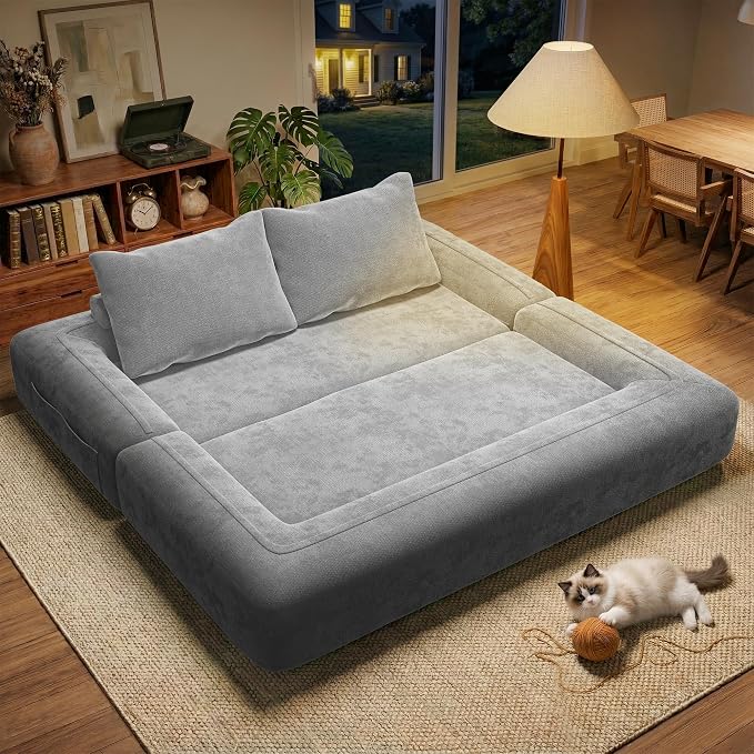 75'' Folding Convertible Sofa Bed with Large Pillow, 4-in-1 Foldable Pull Out Futon Sofa Bed, Chenille Boneless Mattress Couch, No Assembly Floor Sleeper Sofa Bed for Living Room/Bedroom, Cool Gray