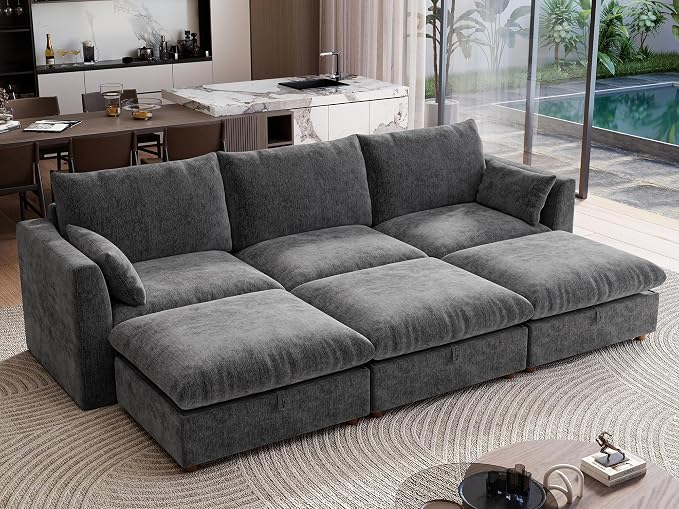 Ihanherry 117" Oversized Modular Sectional Sofa, Modern Cloud Couch with 3 Storage Ottoman, 6-Seat Comfy Chenille Deep Seat Sofa with 2 Pillows for Living Room, Grey