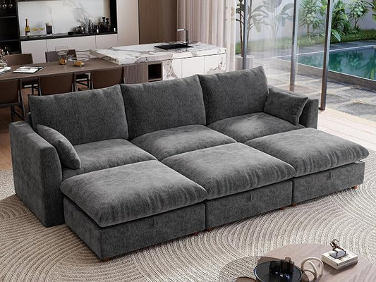 Ihanherry 117" Oversized Modular Sectional Sofa, Modern Cloud Couch with 3 Storage Ottoman, 6-Seat Comfy Chenille Deep Seat Sofa with 2 Pillows for Living Room, Grey