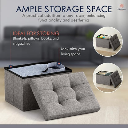 Ornavo Home Small Storage Ottoman, Set of 2, Foldable Collapsible Rectangle Linen Ottoman Foot Rest Stool Seat, for Living Room, Bedroom, Home Office, Dorm - 12 x 16 x 12, Dark Gray