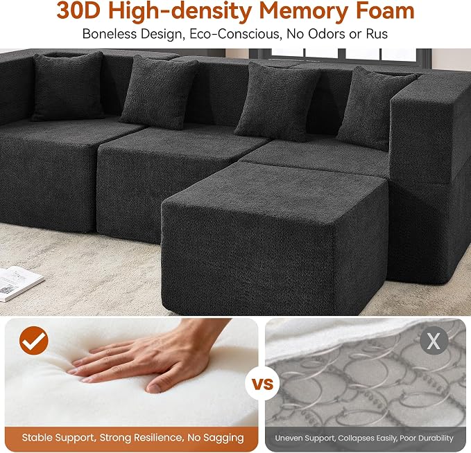 MONVANE 103'' Modular Sectional Sofa, Comfy Teddy Velvet Cloud Couch with Ottoman, Modern Convertible L Shaped Couch with Deep Seat, Sectional Couches for Living Room, Bedroom and Apartment, Black