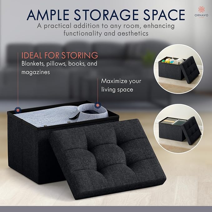 Ornavo Home Small Storage Ottoman, Set of 2, Foldable Collapsible Rectangle Linen Ottoman Foot Rest Stool Seat, for Living Room, Bedroom, Home Office, Dorm - 12 x 16 x 12, Black