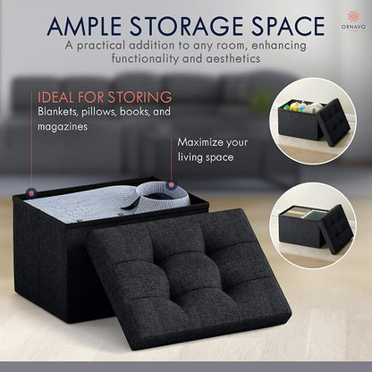 Ornavo Home Small Storage Ottoman, Set of 2, Foldable Collapsible Rectangle Linen Ottoman Foot Rest Stool Seat, for Living Room, Bedroom, Home Office, Dorm - 12 x 16 x 12, Black