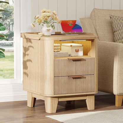 Baoz Fluted Nightstand with Charging Station & 2 Drawers, Natural Oak | 20" Wide Mid Century Modern Bedside Table with Light Wood Curved Profile 27in Tall LED Night Stand for Bedroom