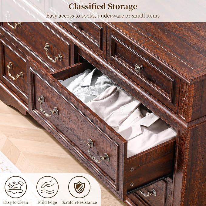 Farmhouse Dresser and Nightstand Sets, 7-Drawer Dresser & 3 Drawer Nightstand Sets, 3 Pieces Rustic Wood Bedroom Furniture Set for Home, Bedroom, Hallway（Dark Brown）
