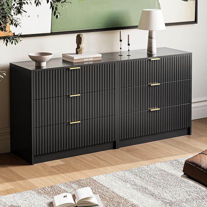 MAISONARIA 3-Piece Dresser Bedroom Set, 6 Drawer Dresser & 3 Drawer Nightstands with Gold Handles, Fluted Wood Chest of Drawers for Bedroom, Living Room, Entryway, Black