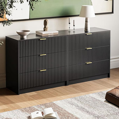 MAISONARIA 3-Piece Dresser Bedroom Set, 6 Drawer Dresser & 3 Drawer Nightstands with Gold Handles, Fluted Wood Chest of Drawers for Bedroom, Living Room, Entryway, Black
