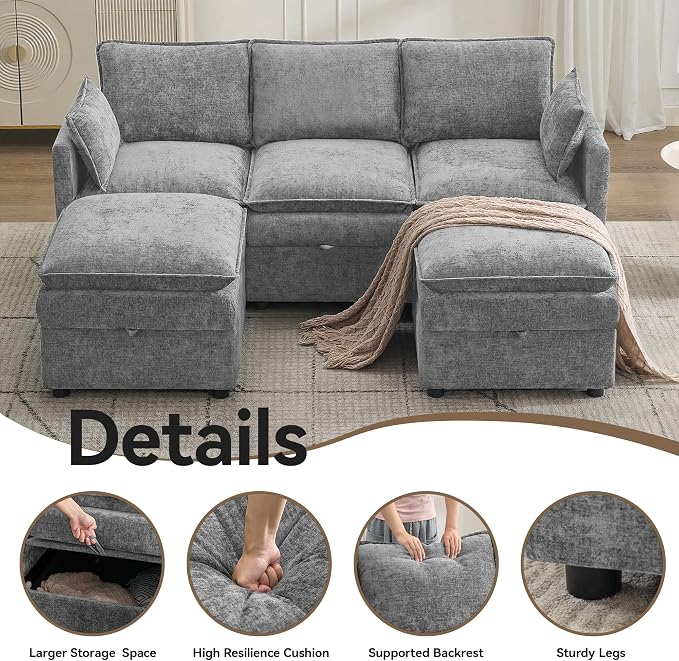 80" Cloud Modular 3 Seater Sofa with 2 Storage Ottoman, Modern Storage Sofa Couch Deep Seat, U Shape Sectional Sofa Chenille Comfy Couch with Armrests for Living Room, Small Space, Light Grey