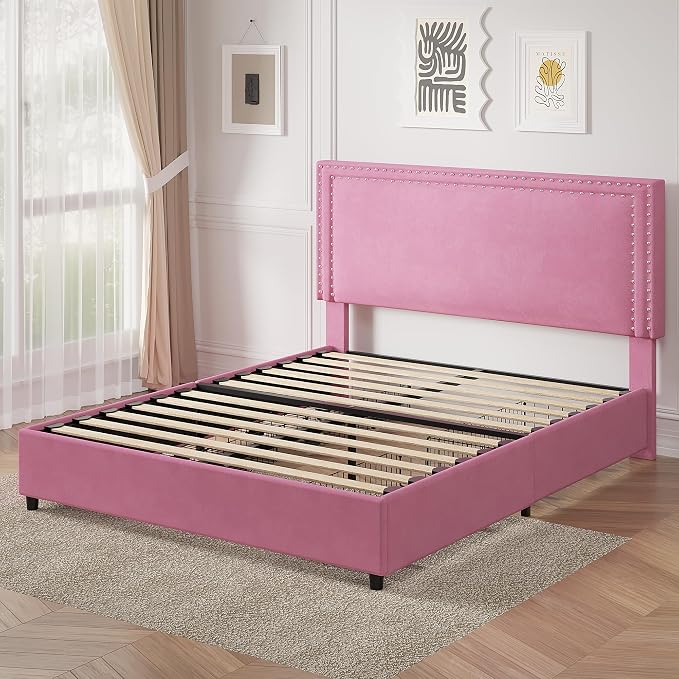 VECELO Queen Size Upholstered Bed Frame with 4 Storage Drawers, Adjustable Velvet Rivet Decor Headboard, Wooden Slats Platform Support, No Box Spring Needed, Easy Assembly,Pink
