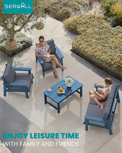 SERWALL HDPE Outdoor Couch Set of 2, Blue Frame and Grey Cushion