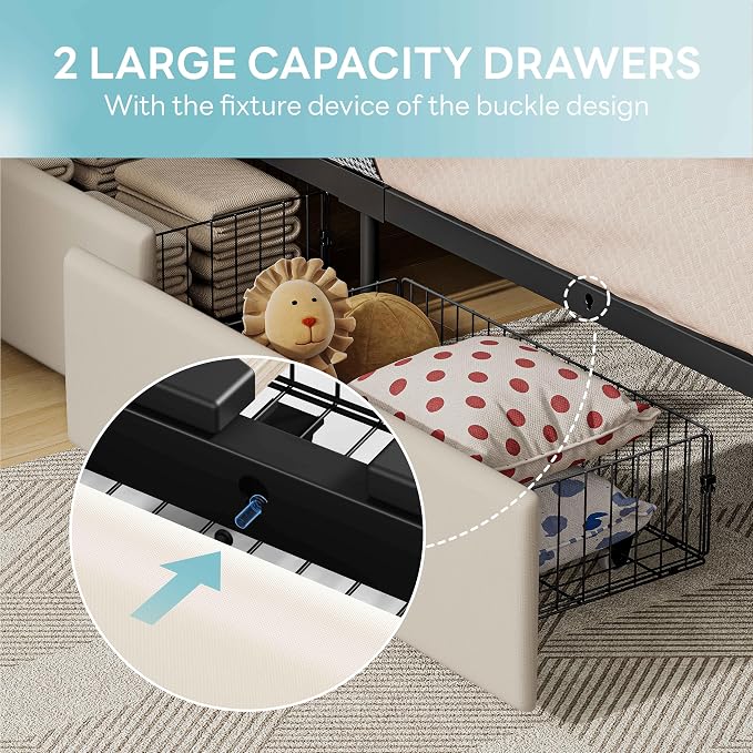 LIKIMIO Twin Bed Frame with 2 Storage Drawers, Charging Station & LED Lights, Upholstered Platform Twin Bed with Storage Headboard, Strong Wooden Slats, No Box Spring Needed, Easy Assembly, Beige