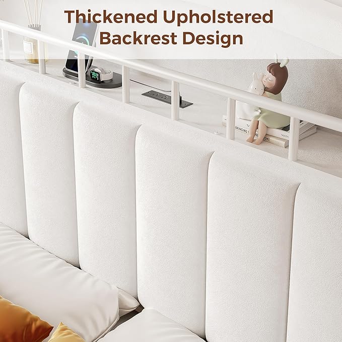 Queen Size Bed Frame with LED Storage Headboard & 2 Storage Drawers, Velvet Upholstered Bed with Vertical Tufted Headboard Design, USB & Type-C Charging Ports, Wooden Slats Support, Noise-Free, Beige