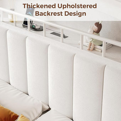 Queen Size Bed Frame with LED Storage Headboard & 2 Storage Drawers, Velvet Upholstered Bed with Vertical Tufted Headboard Design, USB & Type-C Charging Ports, Wooden Slats Support, Noise-Free, Beige