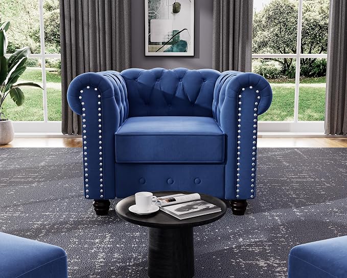 Morden Fort 2 Piece Classic Chesterfield 4-Seater Set, Tufted Chair & Sofa Furniture Solid Wood Legs Thick Cushion, Pet-Friendly Couch Set for Living Room Bedroom Apartment, Velvet Blue