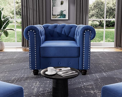 Morden Fort 3 Piece Classic Chesterfield 6-Seater Set, Tufted Chair & Loveseat & Sofa Solid Wood Legs Thick Cushion, Pet-Friendly Couch Set Furniture for Living Room Bedroom Apartment, Velvet Blue