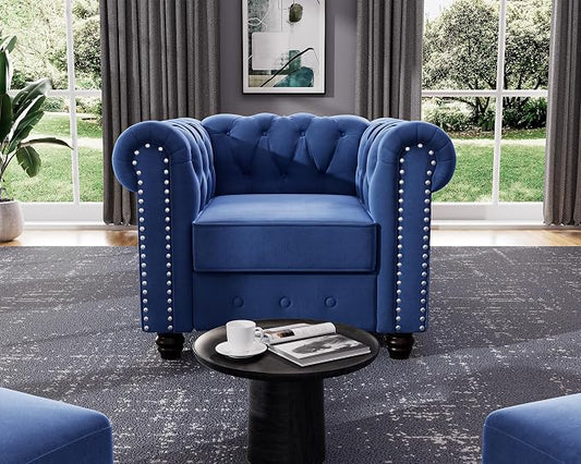 Morden Fort Classic Chesterfield Sofa Chair Set, Tufted Arm Chair Sofa with Solid Wood Legs Thick Cushion, Pet-Friendly Sofa Couch Chair for Living Room Bedroom Reading Room - Velvet Blue