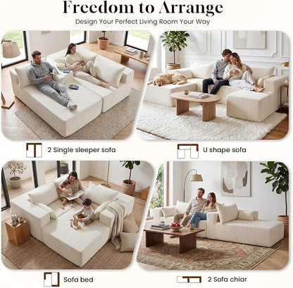 106" Cloud Sectional Boneless Couches for Living Room, Modular U Shaped Couch with Deep Seat, Removable Ottoman, Memory Foam Compressed Spineless 4 Seater Sofa for Bedroom Apartment, Beige