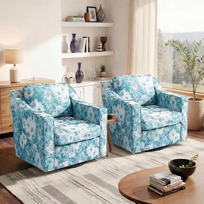 Swivel Accent Chair, Modern Round Barrel Arm Chair for Living Room, Bedroom, Comfy Club Reading Chairs for Adults (Cyan Blooms, Set of 2)