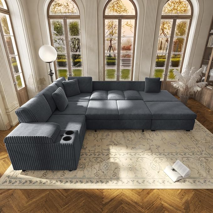 KEIKI 110" L-Shaped Oversized Plush Corduroy Modular Sectional Sofa with Pull-Out Bed, Convertible 6-Seater Sleeper Couch Bed with 1 Ottomans & USB & Cup Holders, Easy Assembly, for Living Room, Gray