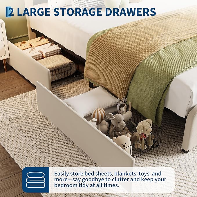 Garvee Twin Size Bed Frame with 2 Storage Drawers and LED Lights, Upholstered Platform Twin Bed with Adjustable Headboard, Wooden Slats Support, No Box Spring Needed, Easy Assembly, White
