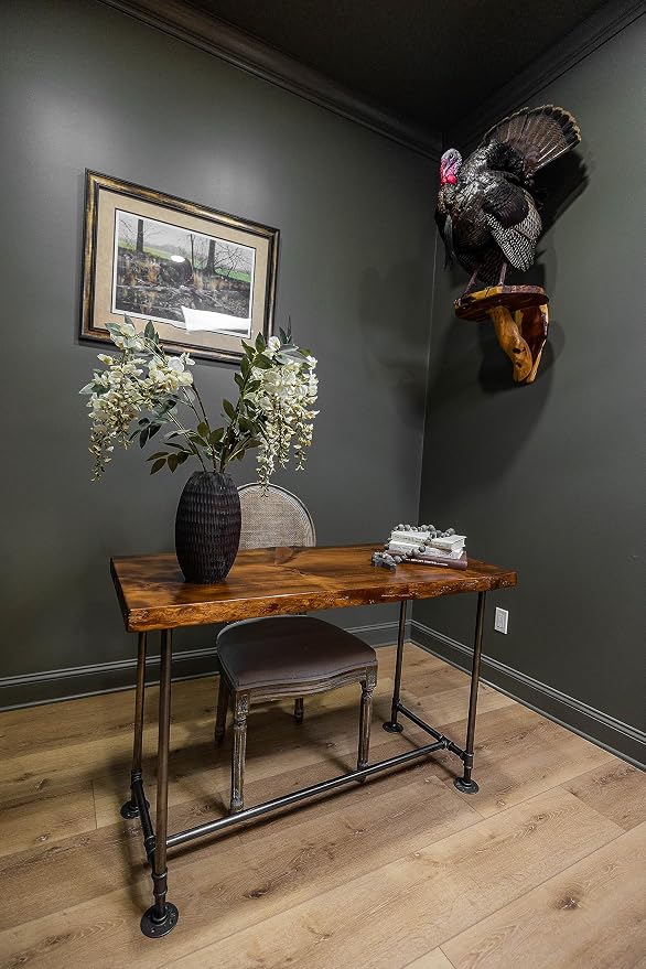 Industrial Pipe Desk Live Edge Top Vintage Table (Honey Pine) — Rustic Live Edge Slab Desk with Steampunk Pipe Legs