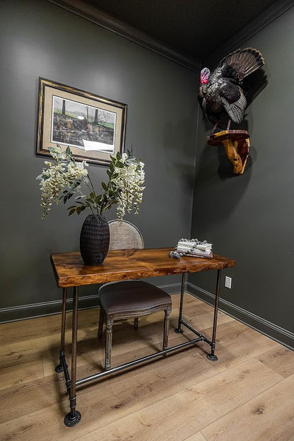 Industrial Pipe Desk Live Edge Top Vintage Table (Honey Pine) — Rustic Live Edge Slab Desk with Steampunk Pipe Legs