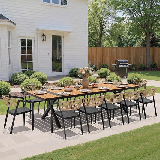 Pellebant Aluminum 13-Piece Outdoor Dining Table Set for 8-12 Person | Patio Stackable Chair with U-Shaped Wicker Backrest, 118" Table with Wood-Grain Top & Umbrella Hole, Aluminum Frame Furniture