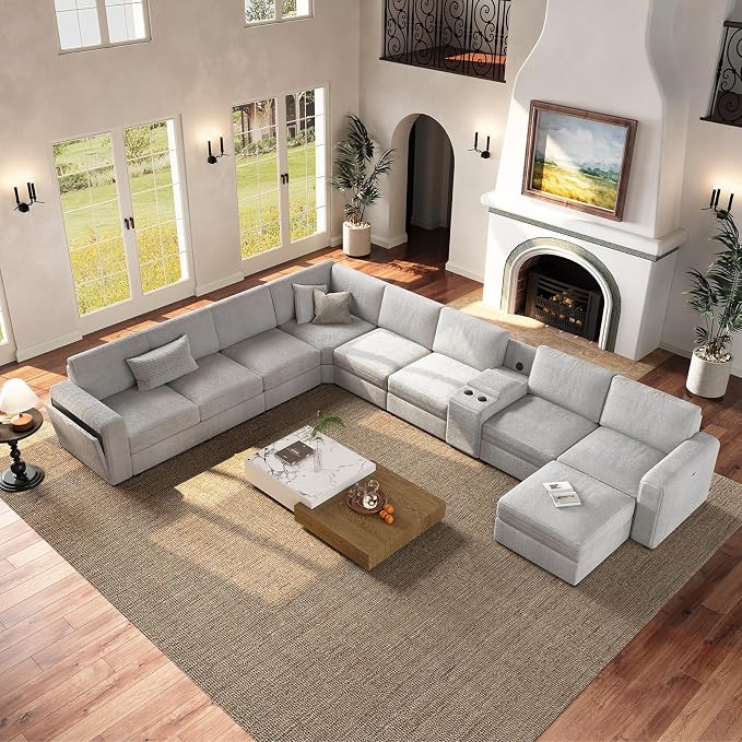 Vesgantti Oversized Modular Sectional Sofa, 8-Seater Chenille L Shaped Modular Couch with Ottoman, 2 Cup Holders, USB Port, Storage Box, Sectional Couches for Living Room, Meeting Room, Light Grey