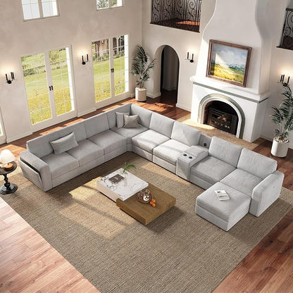 Vesgantti Oversized Modular Sectional Sofa, 8-Seater Chenille L Shaped Modular Couch with Ottoman, 2 Cup Holders, USB Port, Storage Box, Sectional Couches for Living Room, Meeting Room, Light Grey