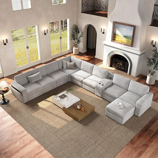 Vesgantti Oversized Modular Sectional Sofa, 8-Seater Chenille L Shaped Modular Couch with Ottoman, 2 Cup Holders, USB Port, Storage Box, Sectional Couches for Living Room, Meeting Room, Light Grey
