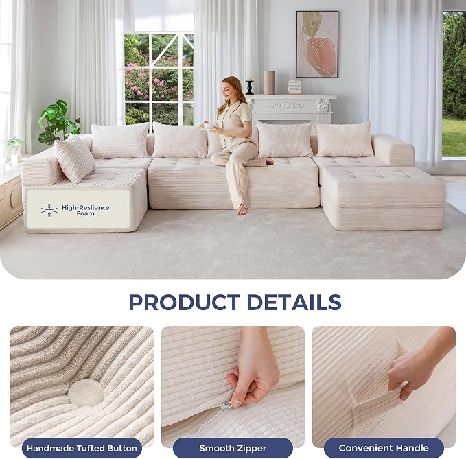 MAXYOYO Modular Sectional Sofa Couch, Foldable U Shaped Cloud Couch with Pillows, Tufted 7-Seat Boneless Lounger Floor Sofa Bed for Living Room, No Assembly Required, Beige