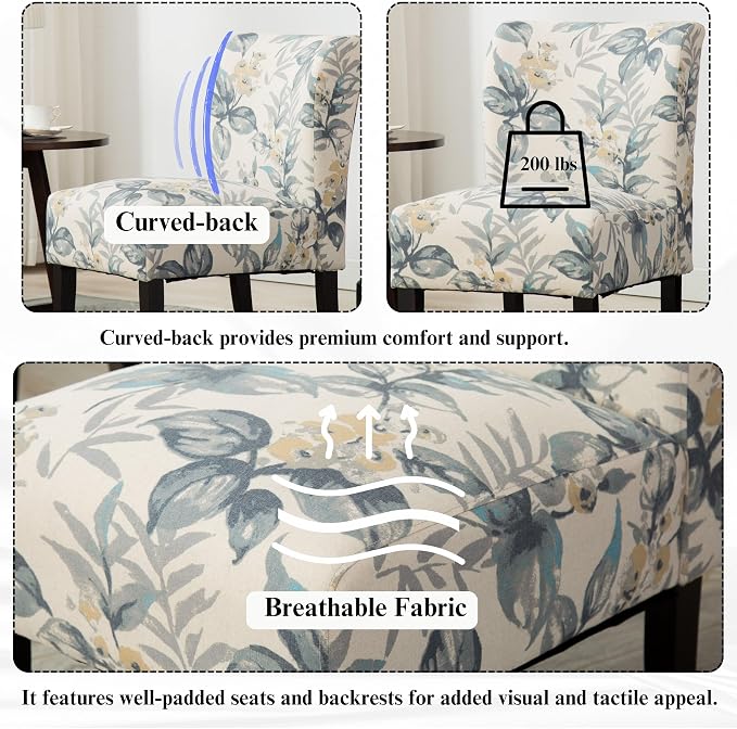 Roundhill Furniture Capa Print abric Armless Contemporary Accent Chair, Blue Leaves