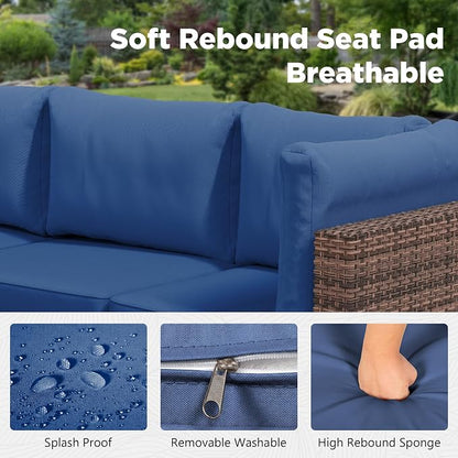 LHBcraft 7 Pieces Outdoor Wicker Rattan Patio Furniture, Wicker Rattan Outdoor Sectional Sofa Set with Coffee Table & Blue Cushions for Garden, Poolside