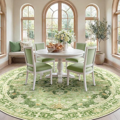 RELEANY Area Rugs Round 8ft Washable Non-Slip, Floral Vintage Distress Medallion Carpet for Living Room Bedroom Dining Room, Sage Green Yellow