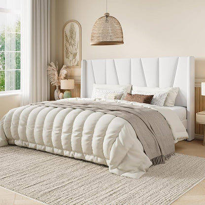 SHA CERLIN King Size Velvet Bed Frame with Geometric Wingback Headboard, Upholstered Platform Bed with Wooden Slats Support, 8" Under-Bed Space, No Box Spring Needed, Easy Assembly, White