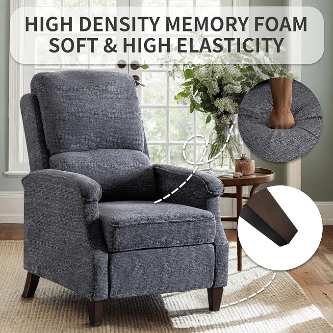 VKNOW Recliner Chair, Fabric Recliner with Soft Armrest, Home Theater Seating with Adjustable Push Back and Lumbar Support, Single Sofa for Adults, Lounge Chair for Living Room, Bedroom（Dark Grey）