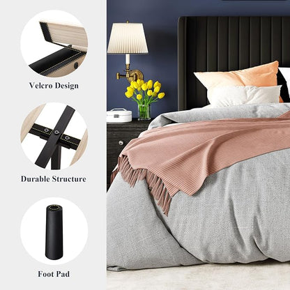 Allewie Full Size Velvet Bed Frame/Vertical Channel Tufted Wingback Headboard/Upholstered Platform Bed/Strong Wooden Slats/No Box Spring Needed/Easy Assembly/Black
