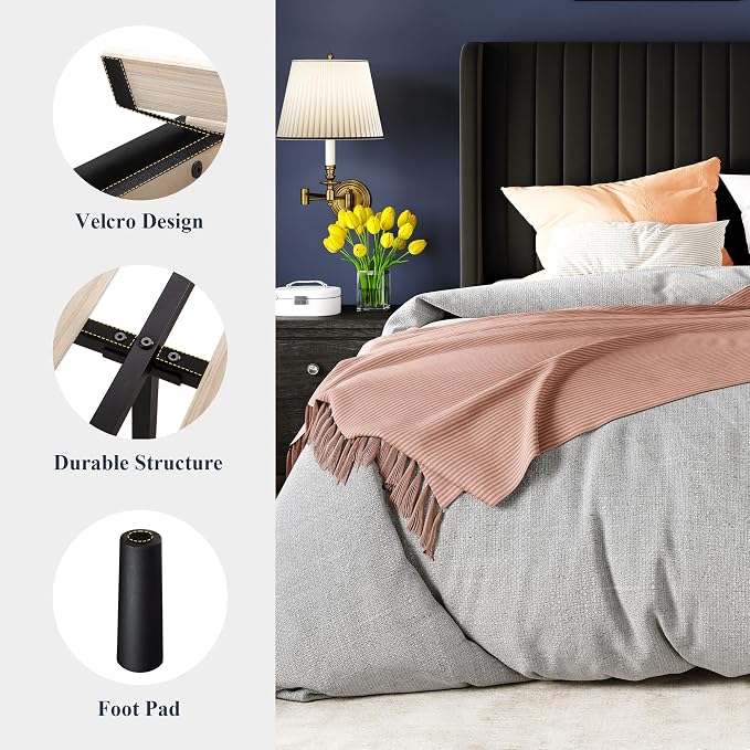 Allewie King Size Velvet Bed Frame/Vertical Channel Tufted Wingback Headboard/Upholstered Platform Bed/Strong Wooden Slats/No Box Spring Needed/Easy Assembly/Black