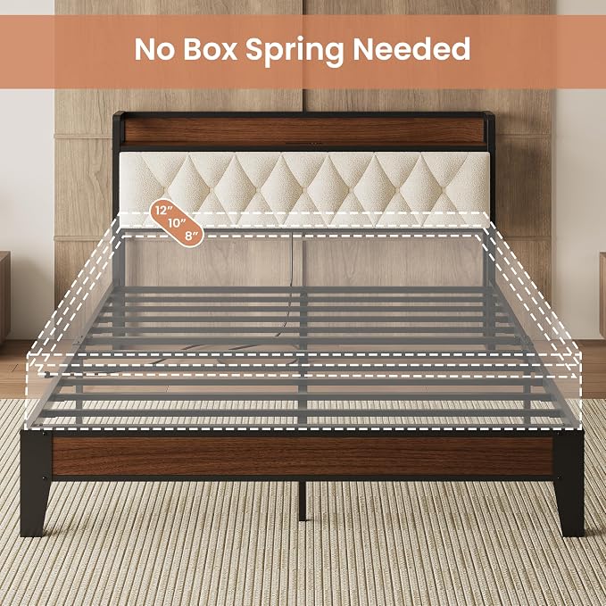 ANCTOR Queen Bed Frame with Storage Headboard & Charging Station, Metal Platform Queen Bed, Upholstered Tufted Headboard, Heavy Duty Slat Support, Noise Free, No Box Spring Needed, Walnut and Cream