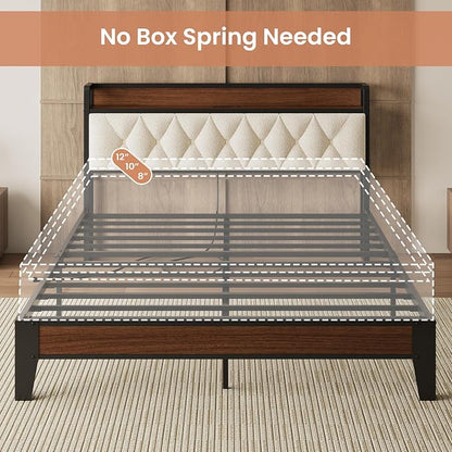 ANCTOR Queen Bed Frame with Storage Headboard & Charging Station, Metal Platform Queen Bed, Upholstered Tufted Headboard, Heavy Duty Slat Support, Noise Free, No Box Spring Needed, Walnut and Cream