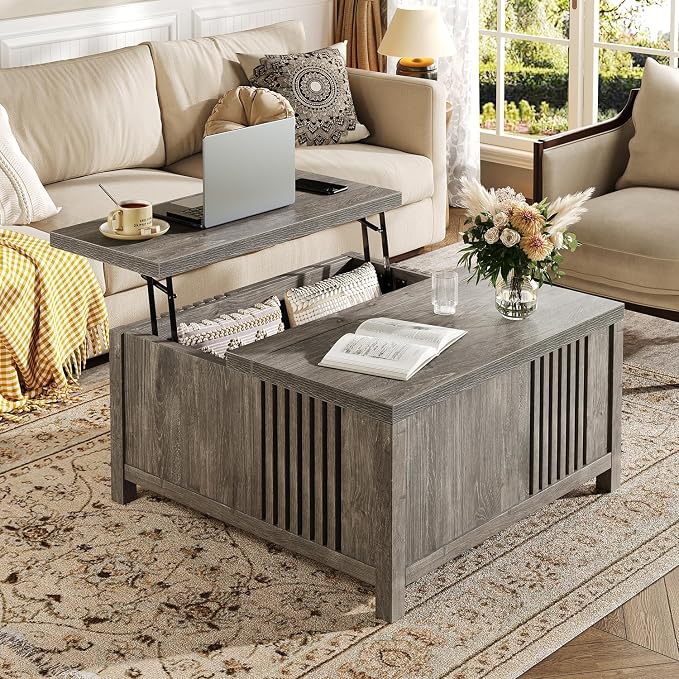knoworld Farmhouse Lift Top Coffee Table with Storage, 35" Square Large Coffee Table with Hidden Compartment, Rustic Wood Center Table for Living Room, Grey Oak