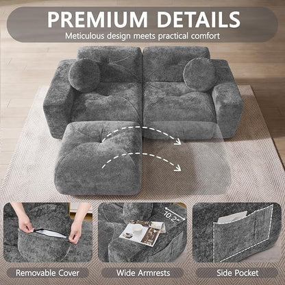 82" Modular Sectional Cloud Couch, L Shaped Sofa Boneless Couches with Movable Ottoman, 2 Deep Seat Modern Comfy Velvet Sofa for Living Room, Bedroom, Apartment (Grey)