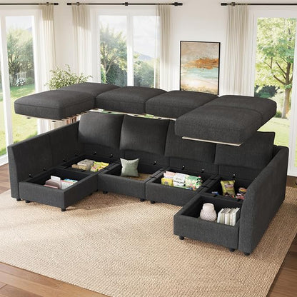 HONBAY Modular Sectional Sofa Couch with Storage, Modern U Shaped Sectional Sofa, Convertible Sectional Couch for Living Room - Snowflake Velvet Grey