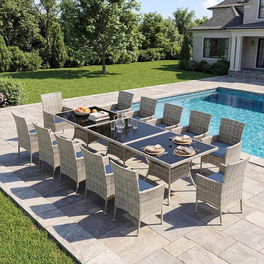 15-Piece Patio Dining Set, Patio Furniture Set with Square Tempered Glass Table & 12 Wicker Chairs, Expandable Design for Larger Groups, Outdoor Furniture for Backyard, Deck, Garden, Navy Blue