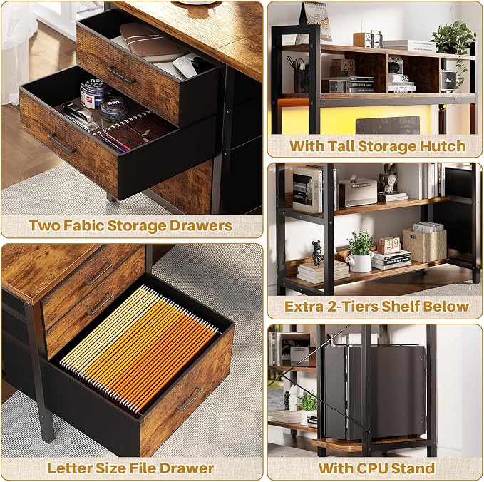 Aheaplus L Shaped Desk with Hutch, Gaming Desk with Led Lights, Reversible Computer Desk with Power Outlet, Corner Desk with File Drawer & Monitor Stand, Storage Shelves for Home, F1, Rustic Brown